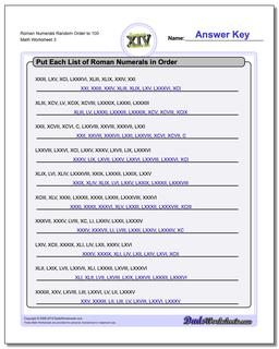 Roman Numerals Random Order to 100 Worksheet