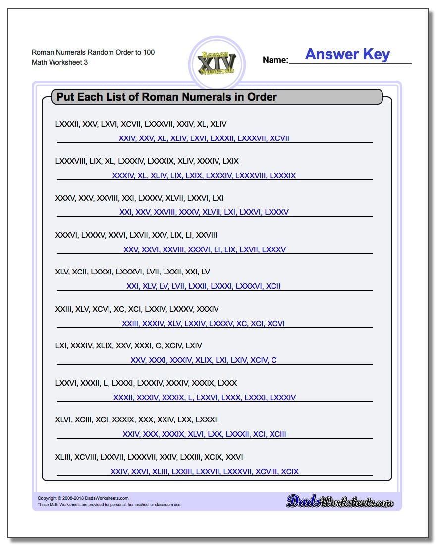 Roman Numerals Random Order to 100 Worksheet
