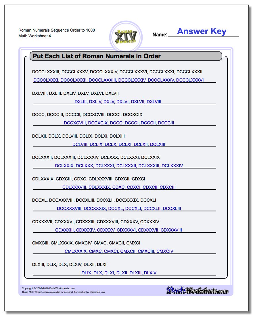 Roman Numerals Sequence Order to 1000 Worksheet