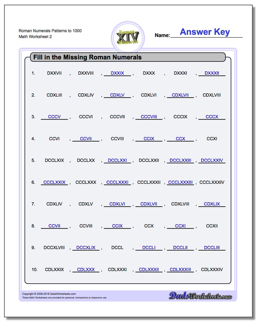 Roman Numerals Patterns to 1000 www.dadsworksheets.com/worksheets/roman-numerals.html Worksheet