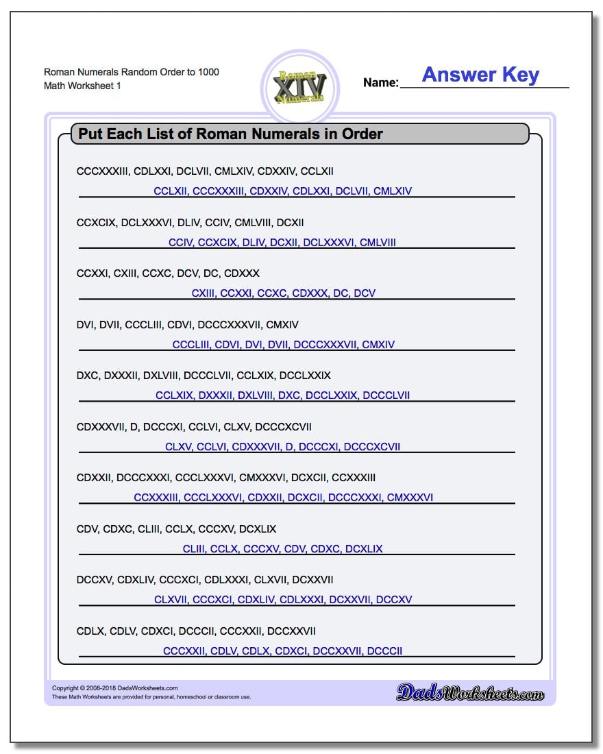 Roman Numerals Random Order to 1000 Worksheet