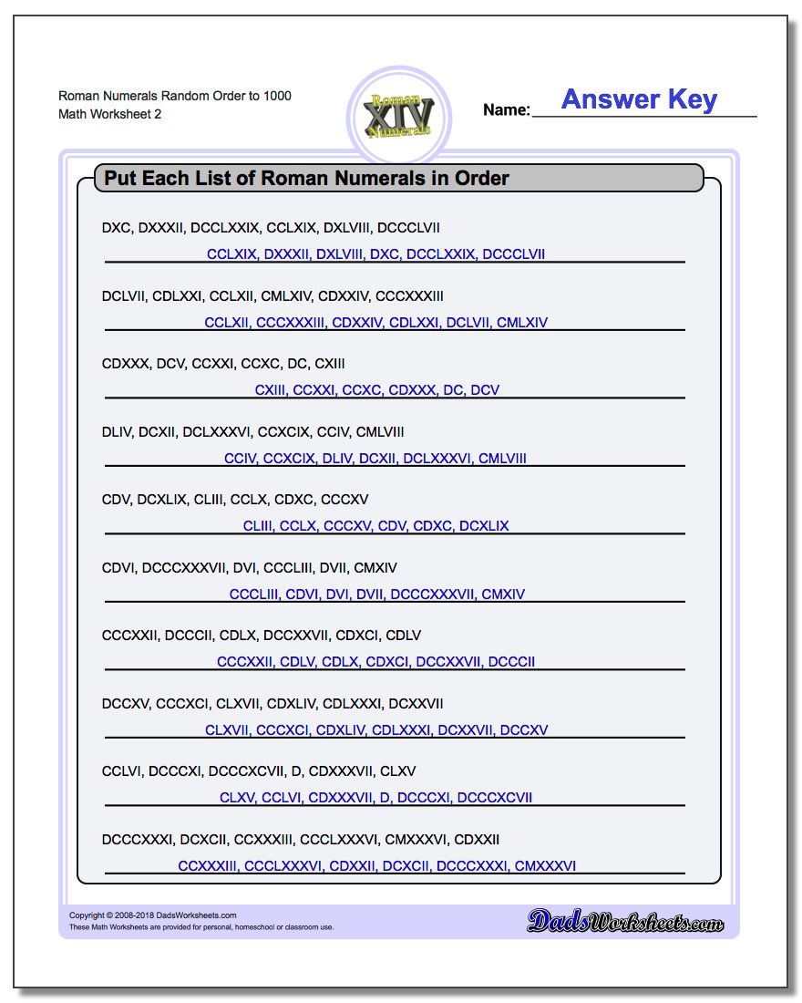 Roman Numerals Random Order to 1000 www.dadsworksheets.com/worksheets/roman-numerals.html Worksheet
