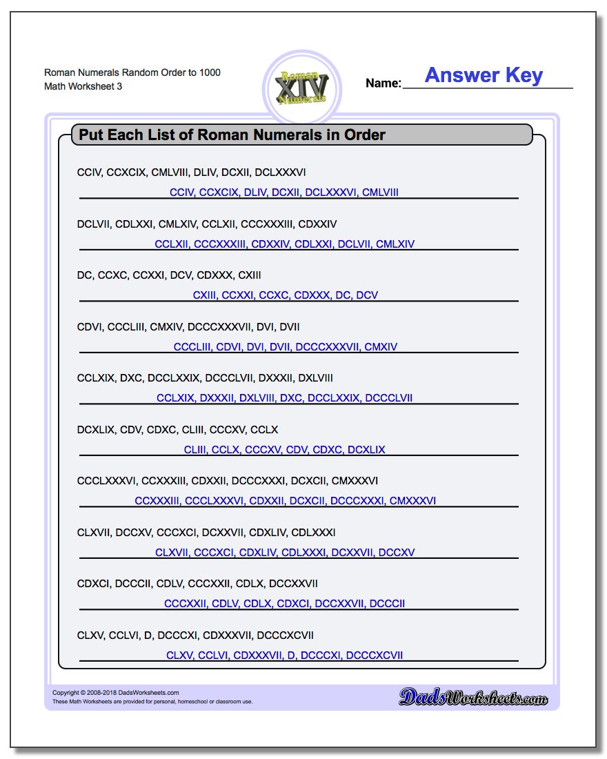 Roman Numerals Random Order to 1000 Worksheet