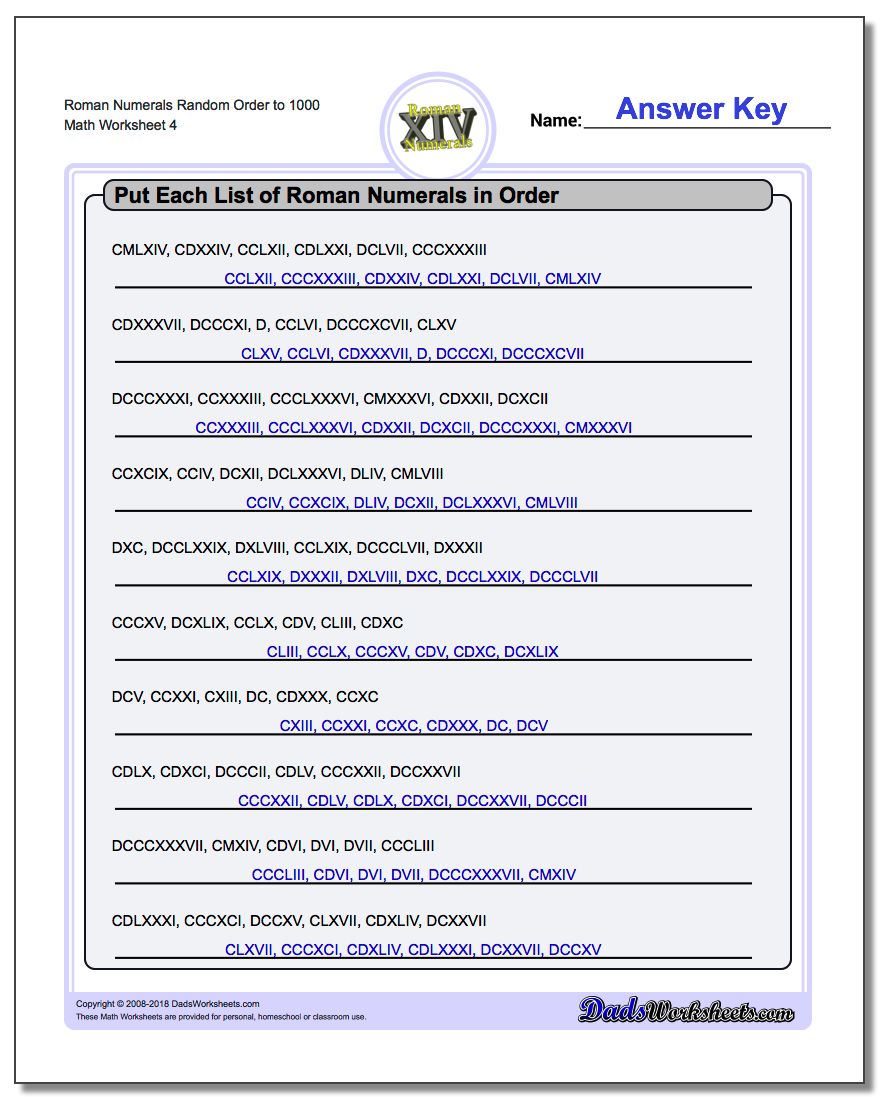 Roman Numerals Random Order to 1000 Worksheet