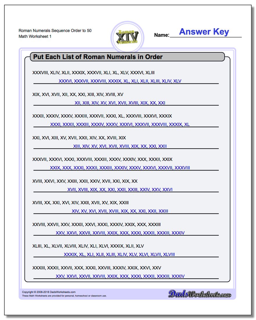 Roman Numerals Sequence Order to 50 Worksheet