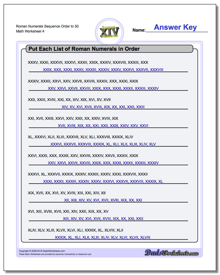 Roman Numerals Sequence Order to 50 Worksheet