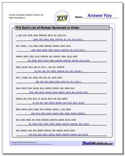 Roman Numerals Random Order to 50 Worksheet