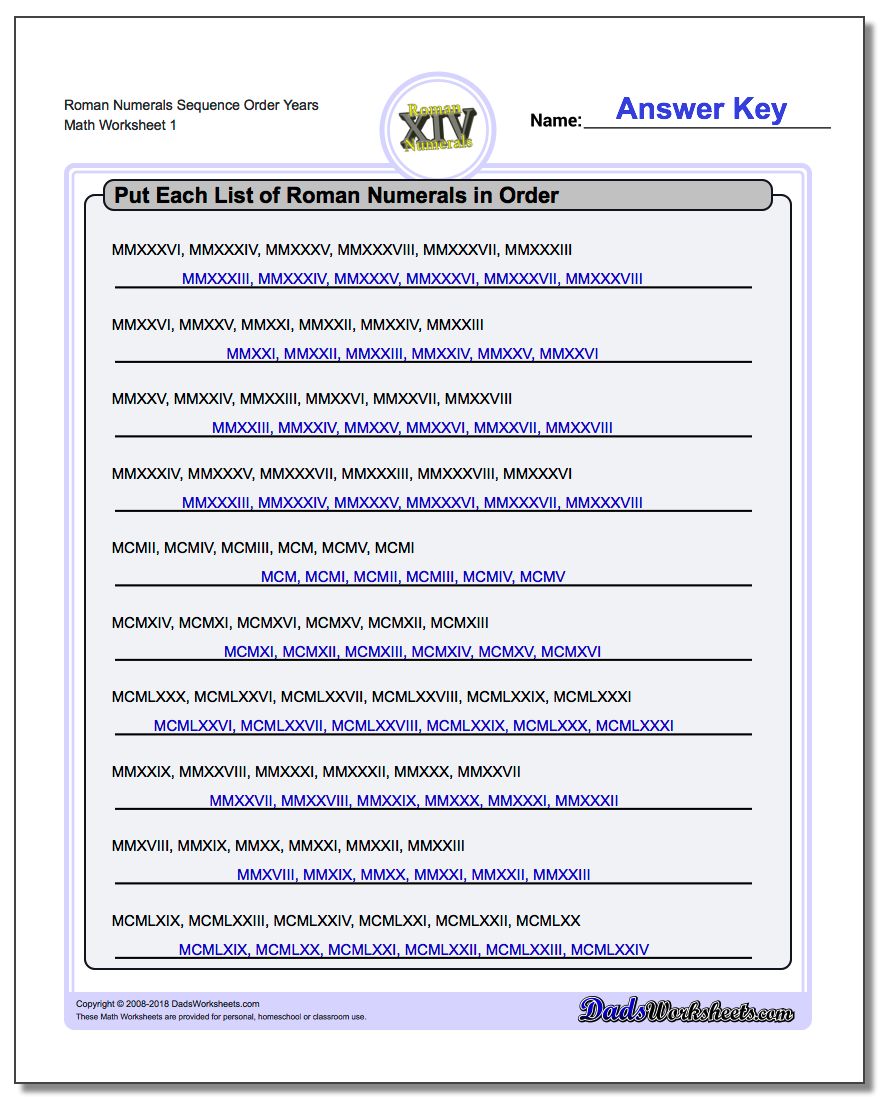 Roman Numerals Sequence Order Years Worksheet
