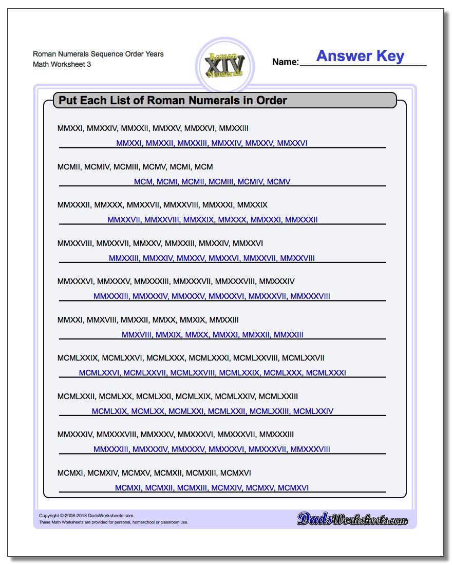 Roman Numerals Sequence Order Years Worksheet