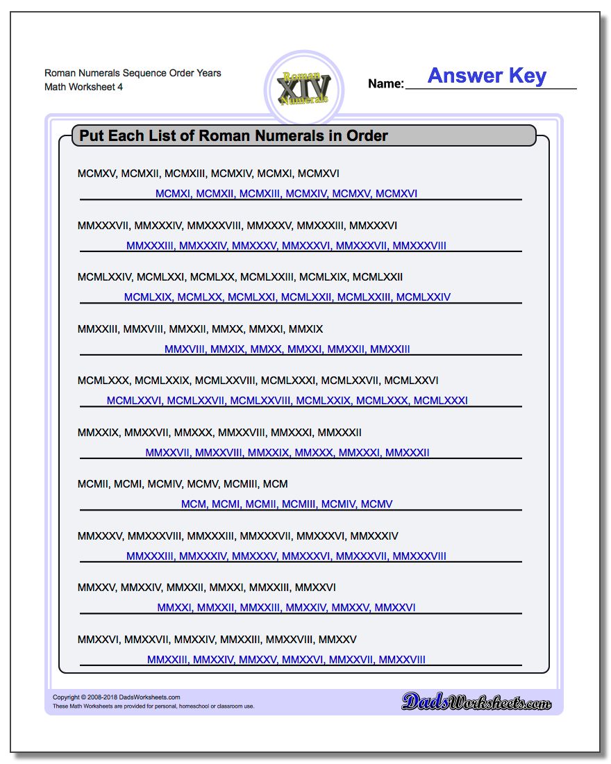 Roman Numerals Sequence Order Years Worksheet
