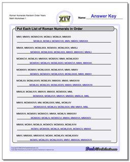 Roman Numerals Random Order Years Worksheet