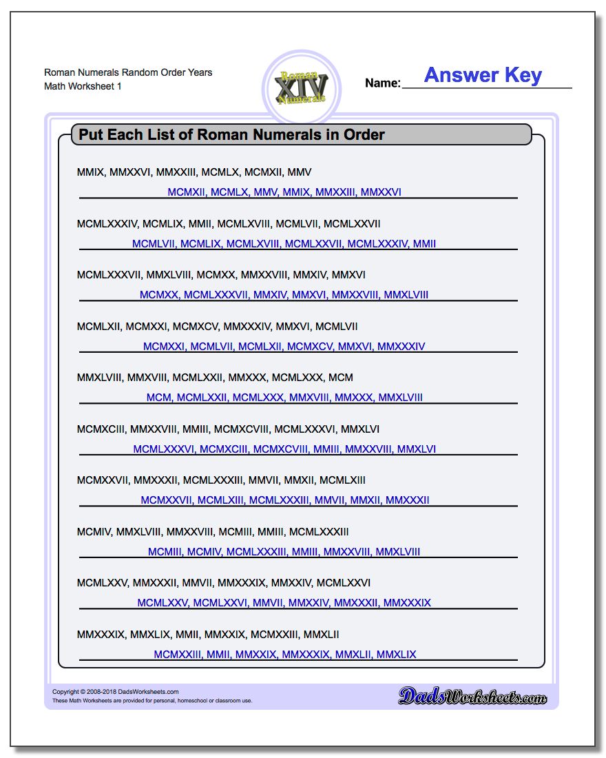 Roman Numerals Random Order Years Worksheet