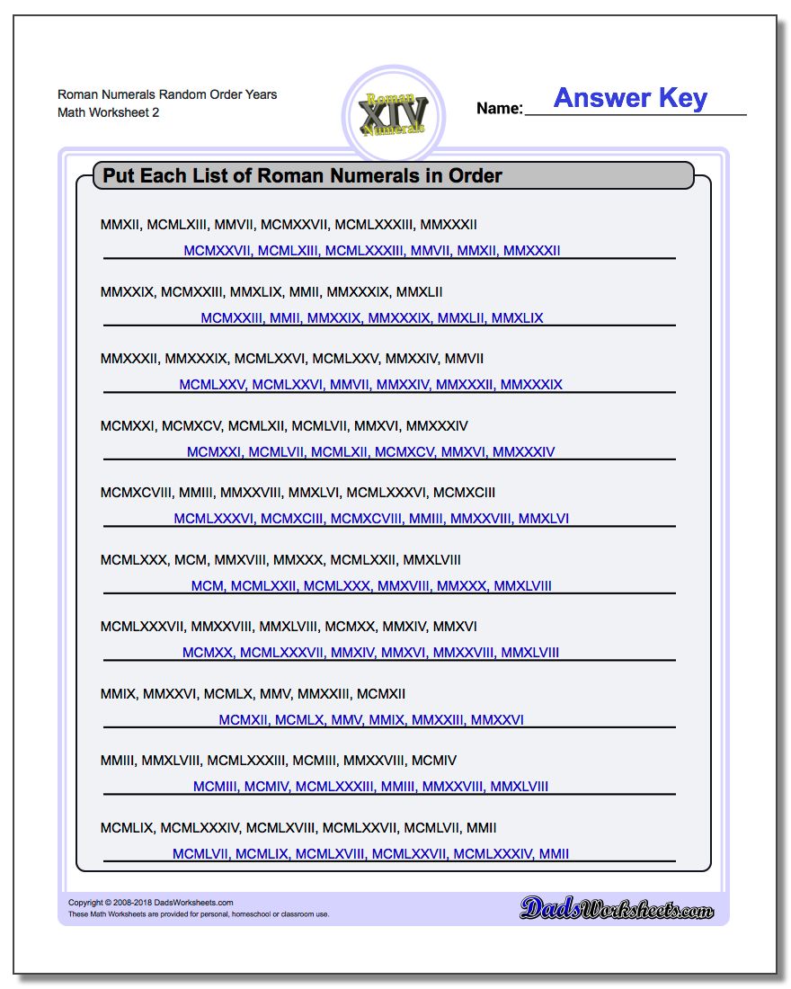 Roman Numerals Random Order Years www.dadsworksheets.com/worksheets/roman-numerals.html Worksheet