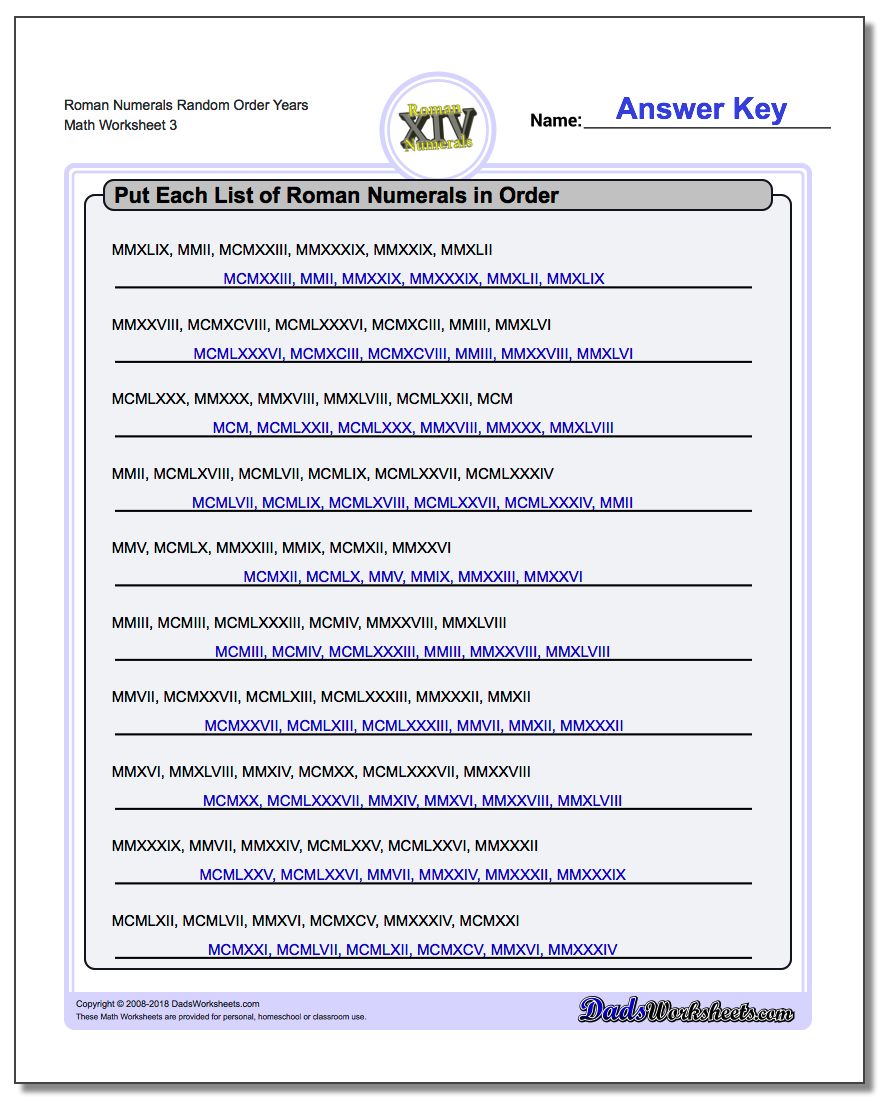 Roman Numerals Random Order Years Worksheet