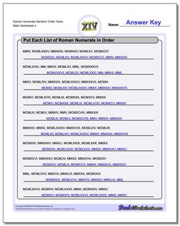 Roman Numerals Random Order Years Worksheet