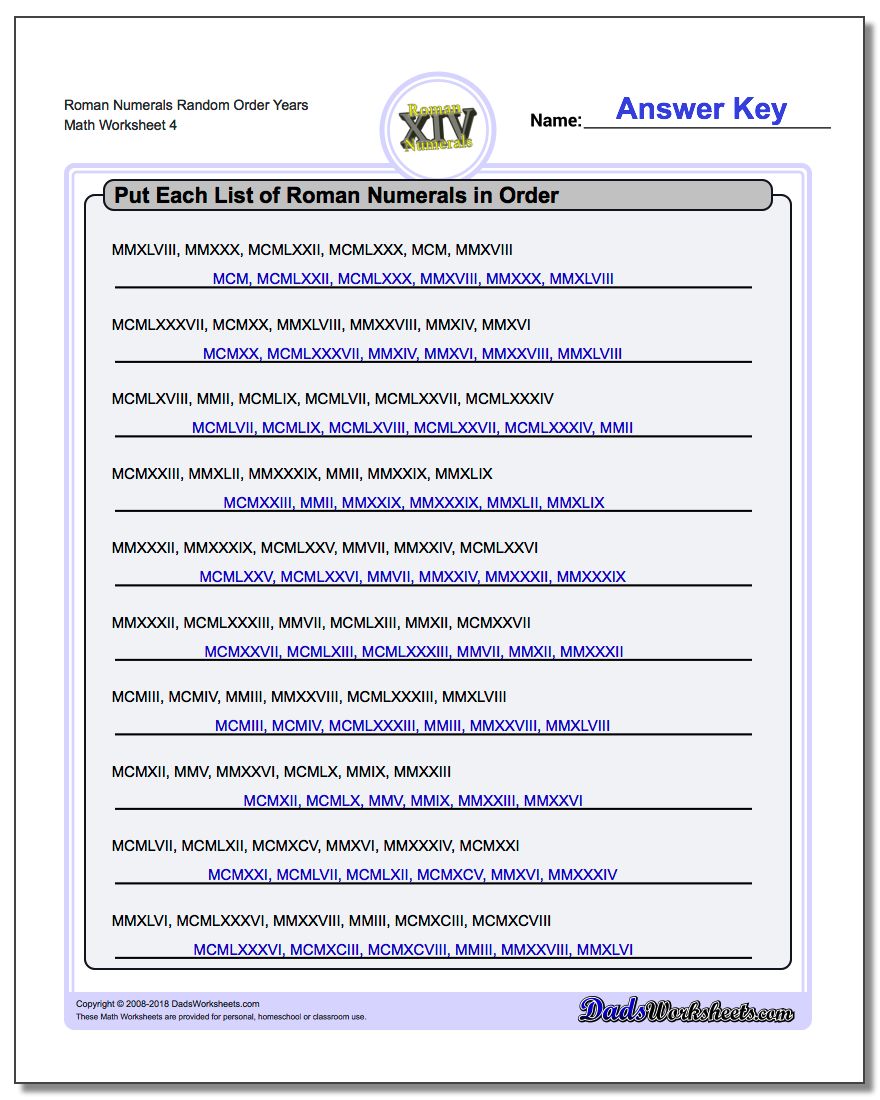 Roman Numerals Random Order Years Worksheet