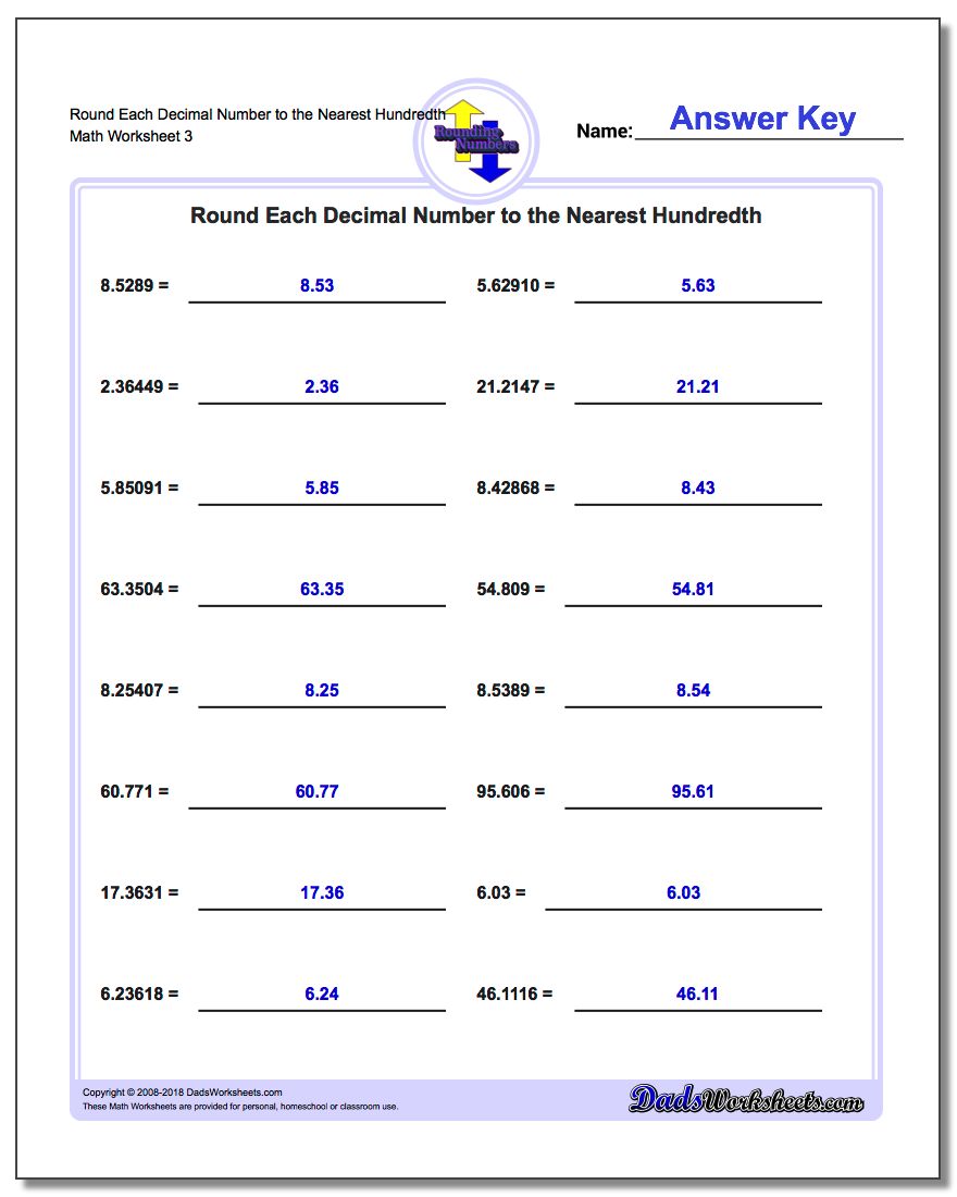 Round Each Decimal Number to the Nearest Hundredth Worksheet