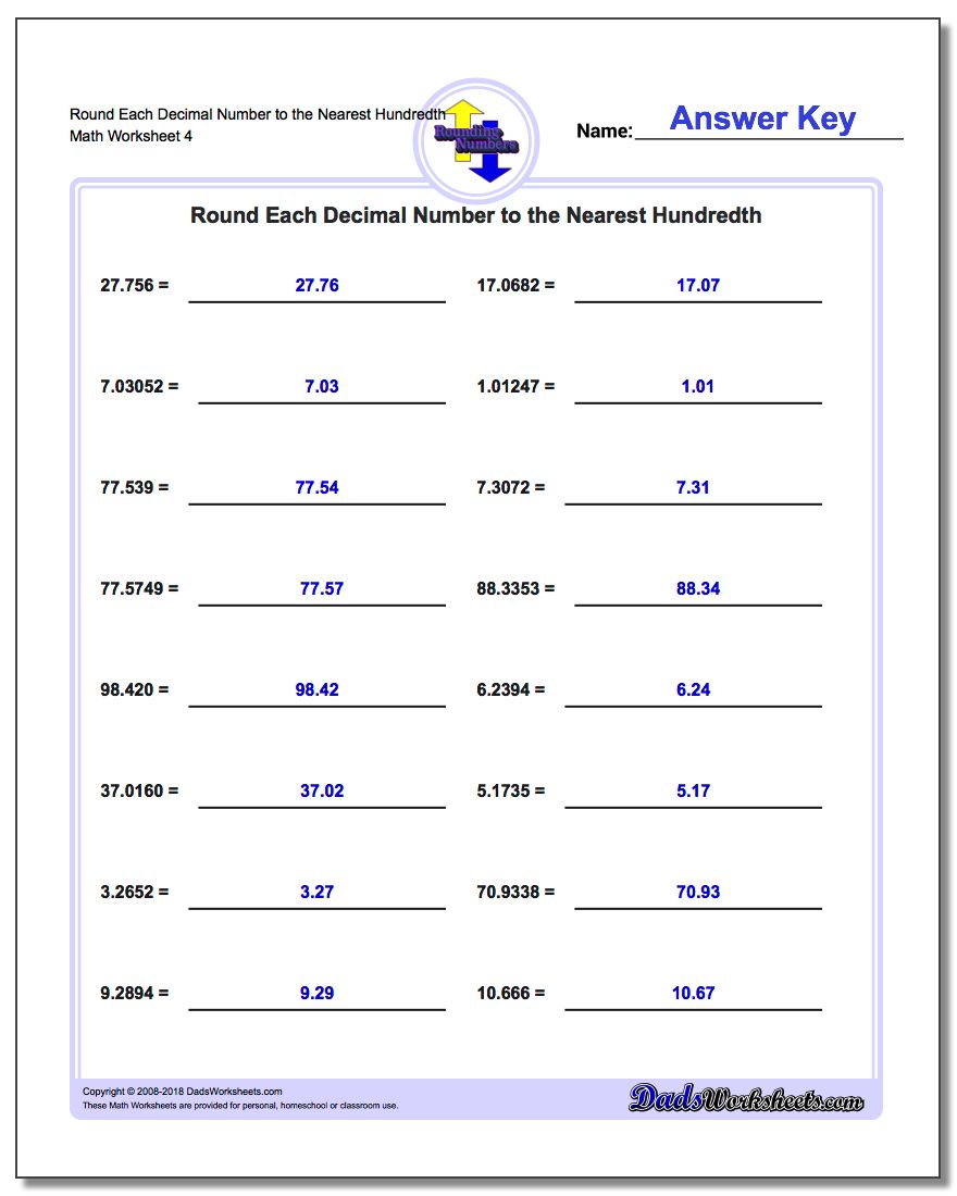 Round Each Decimal Number to the Nearest Hundredth Worksheet