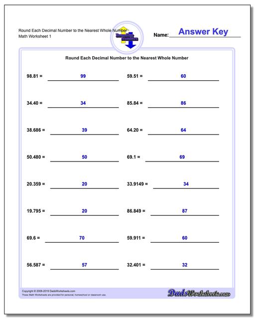 Math Worksheets: Rounding Numbers: Rounding Numbers: Round Each Decimal ...