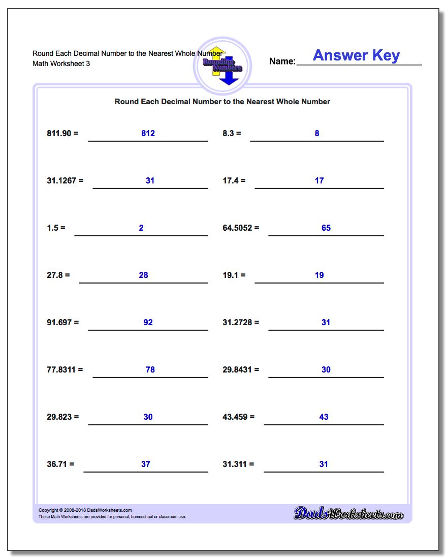 Round Each Decimal Number to the Nearest Whole Number Worksheet