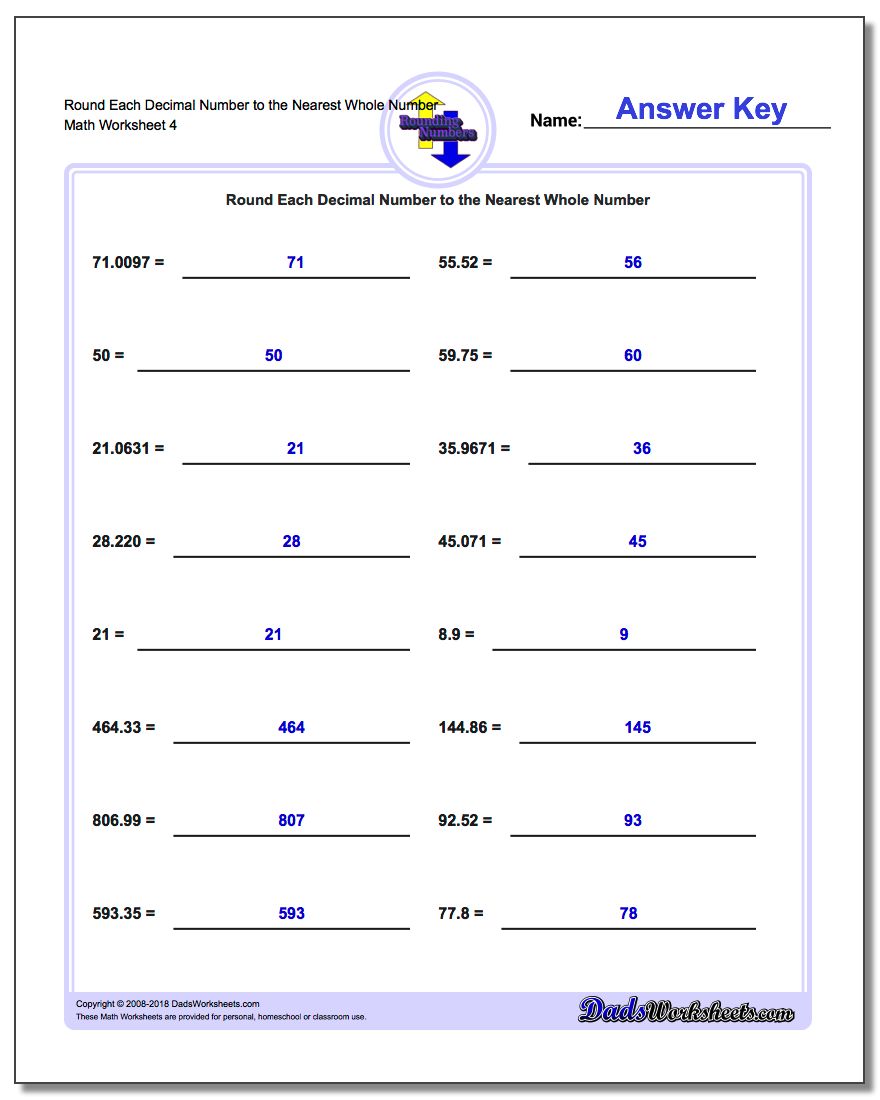 Round Each Decimal Number to the Nearest Whole Number Worksheet