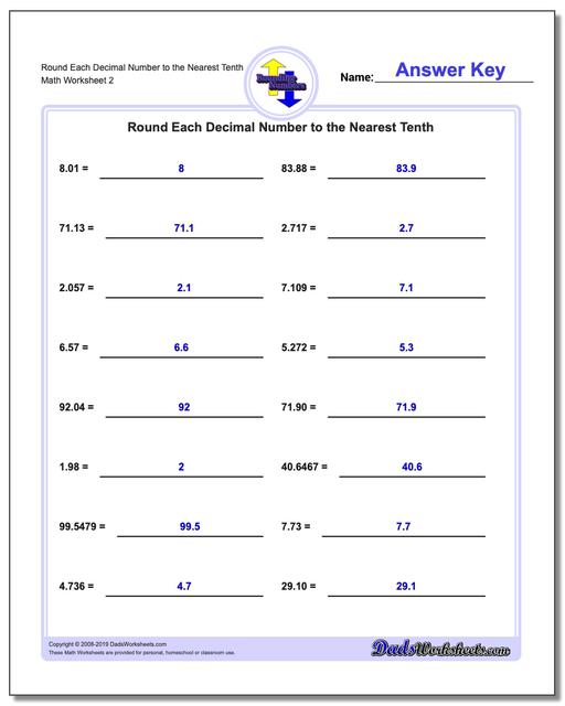 Math Worksheets: Rounding Numbers: Rounding Numbers: Round Each Decimal