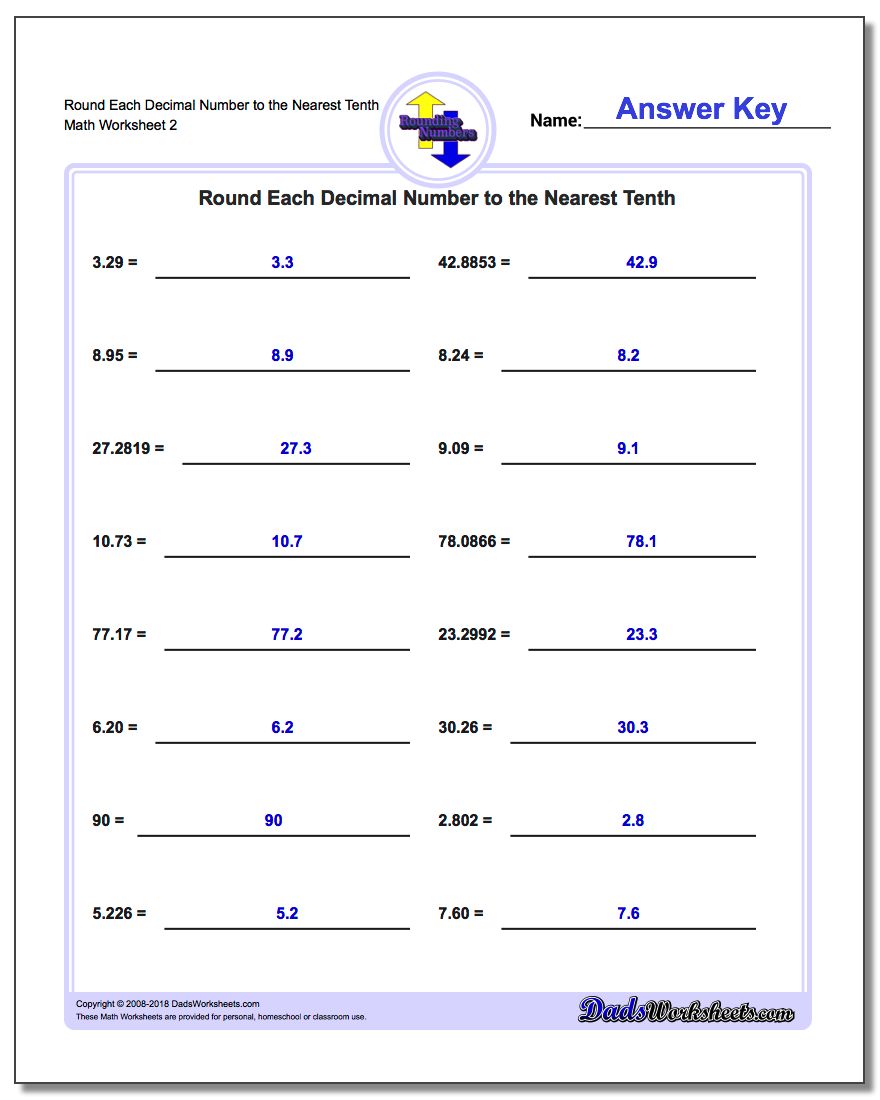 Round Each Decimal Number to the Nearest Tenth www.dadsworksheets.com/worksheets/rounding-numbers.html Worksheet