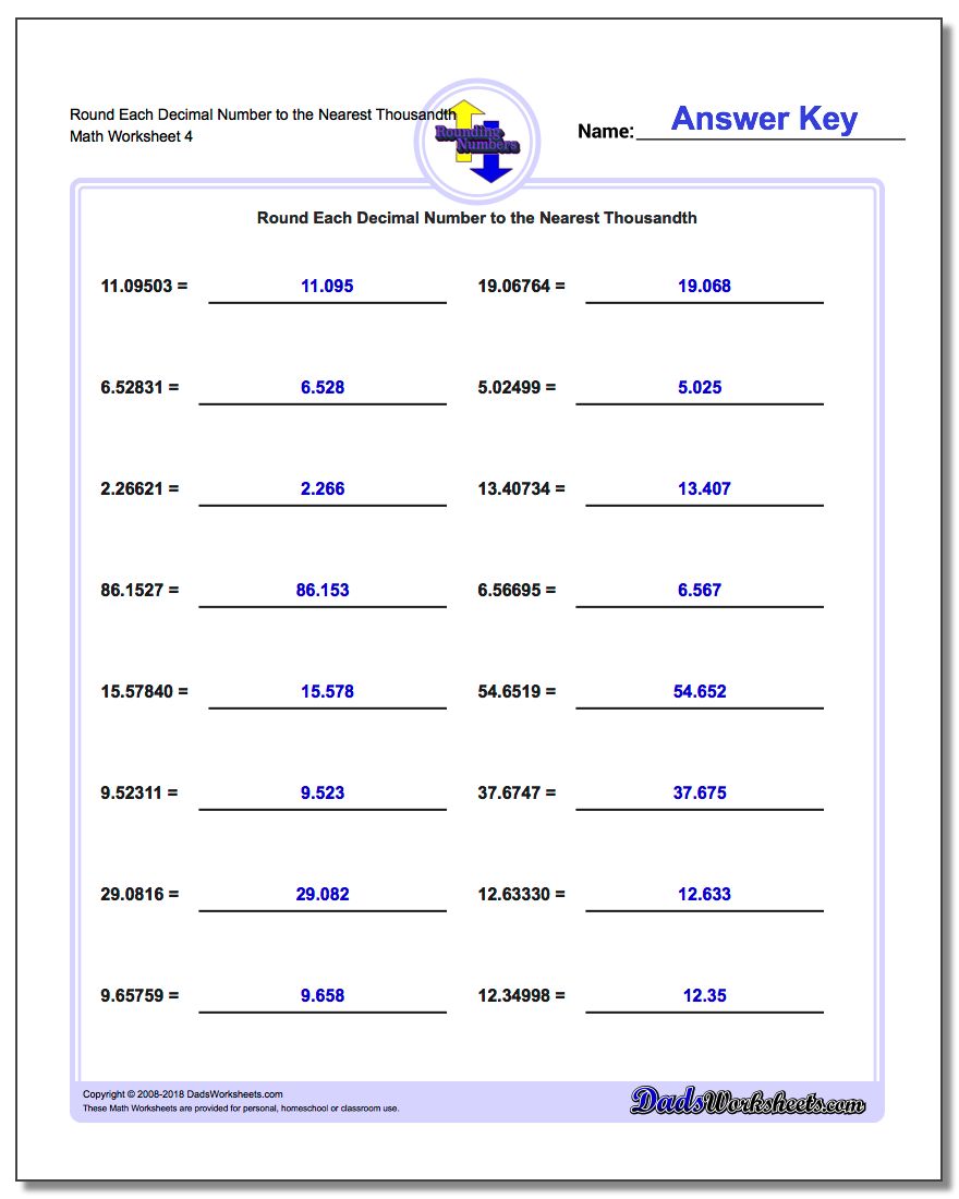 Round Each Decimal Number to the Nearest Thousandth Worksheet
