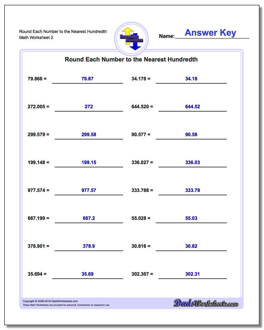 Round Each Number to the Nearest Hundredth www.dadsworksheets.com/worksheets/rounding-numbers.html Worksheet