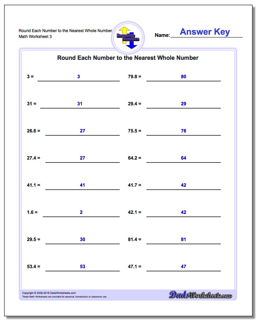 Round Each Number to the Nearest Whole Number Worksheet