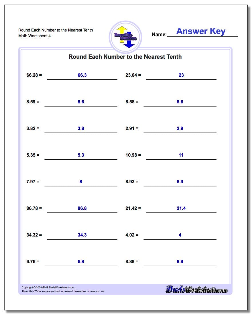 Round Each Number to the Nearest Tenth Worksheet