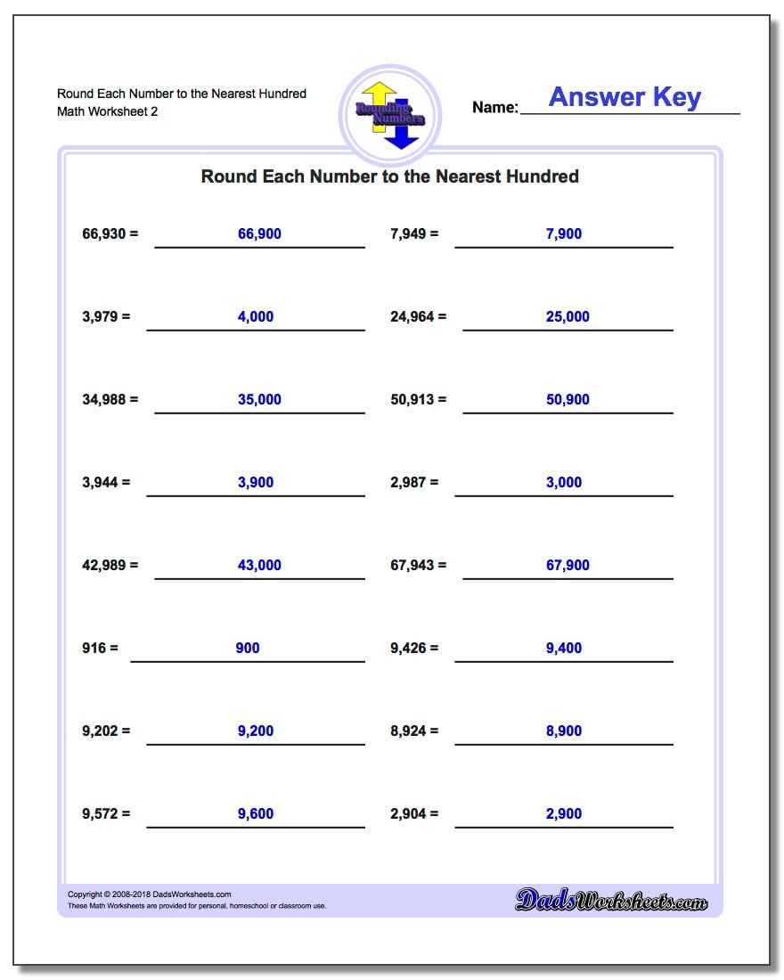 Round Each Number to the Nearest Hundred www.dadsworksheets.com/worksheets/rounding-numbers.html Worksheet