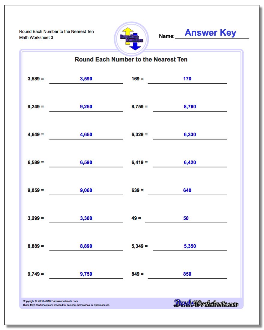 Round Each Number to the Nearest Ten Worksheet