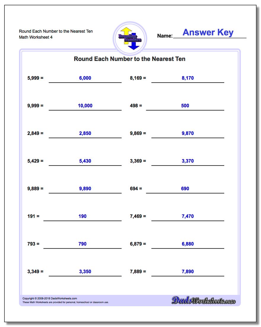 Round Each Number to the Nearest Ten Worksheet