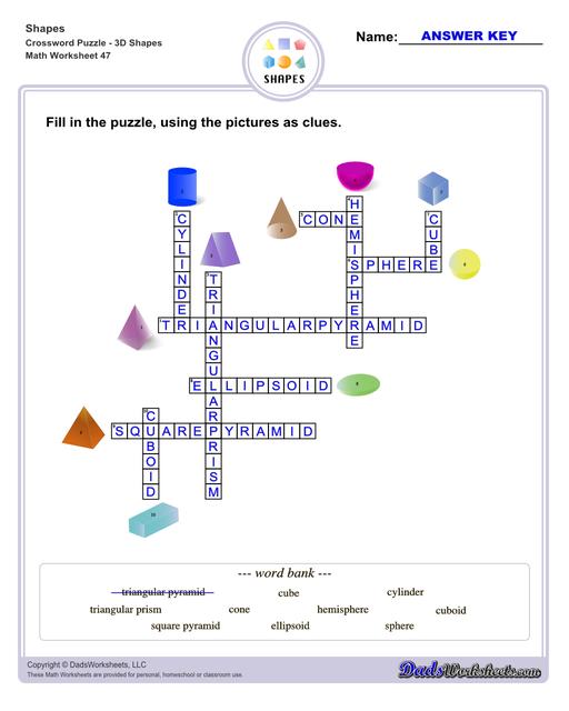 This page has dozens of printable shapes worksheets for identifying and naming 2D and 3D shapes. Activities for kindergarten and preschool age students include identifying counts of faces, edges and vertices. Students also learn to identify the shapes of real world objects, and practice worksheets include shape spelling and shape crossword puzzles.  Shapes Crossword Puzzle V3