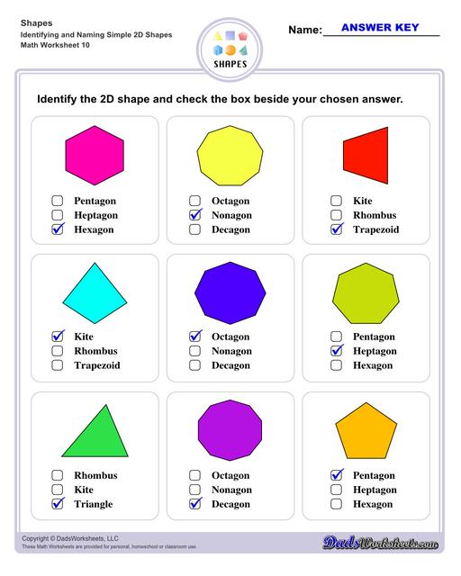 This page has dozens of printable shapes worksheets for identifying and naming 2D and 3D shapes. Activities for kindergarten and preschool age students include identifying counts of faces, edges and vertices. Students also learn to identify the shapes of real world objects, and practice worksheets include shape spelling and shape crossword puzzles.  Shapes Identifying And Naming Simple 2d Shapes V2