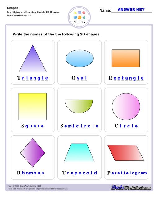 This page has dozens of printable shapes worksheets for identifying and naming 2D and 3D shapes. Activities for kindergarten and preschool age students include identifying counts of faces, edges and vertices. Students also learn to identify the shapes of real world objects, and practice worksheets include shape spelling and shape crossword puzzles.  Shapes Identifying And Naming Simple 2d Shapes V3