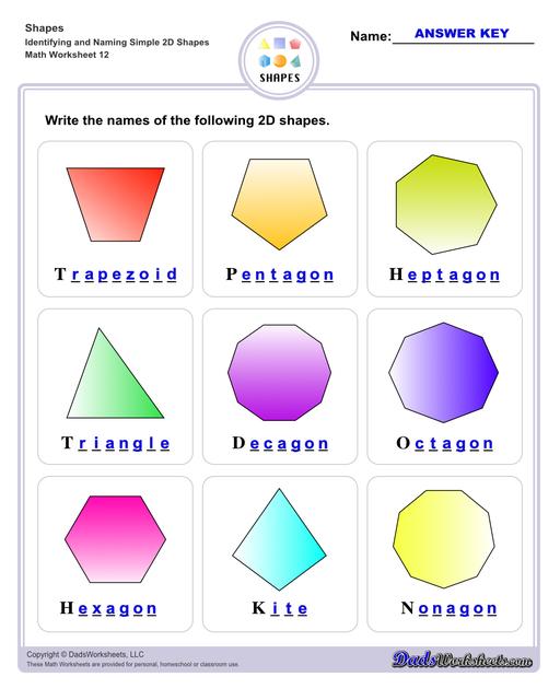 This page has dozens of printable shapes worksheets for identifying and naming 2D and 3D shapes. Activities for kindergarten and preschool age students include identifying counts of faces, edges and vertices. Students also learn to identify the shapes of real world objects, and practice worksheets include shape spelling and shape crossword puzzles.  Shapes Identifying And Naming Simple 2d Shapes V4