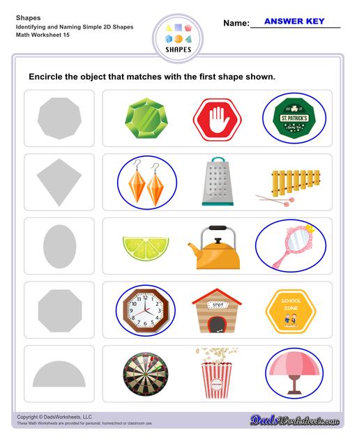 This page has dozens of printable shapes worksheets for identifying and naming 2D and 3D shapes. Activities for kindergarten and preschool age students include identifying counts of faces, edges and vertices. Students also learn to identify the shapes of real world objects, and practice worksheets include shape spelling and shape crossword puzzles.  Shapes Identifying And Naming Simple 2d Shapes V7