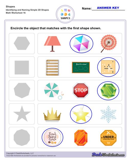 This page has dozens of printable shapes worksheets for identifying and naming 2D and 3D shapes. Activities for kindergarten and preschool age students include identifying counts of faces, edges and vertices. Students also learn to identify the shapes of real world objects, and practice worksheets include shape spelling and shape crossword puzzles.  Shapes Identifying And Naming Simple 2d Shapes V8