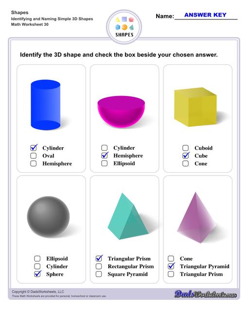 This page has dozens of printable shapes worksheets for identifying and naming 2D and 3D shapes. Activities for kindergarten and preschool age students include identifying counts of faces, edges and vertices. Students also learn to identify the shapes of real world objects, and practice worksheets include shape spelling and shape crossword puzzles.  Shapes Identifying And Naming Simple 3d Shapes V2