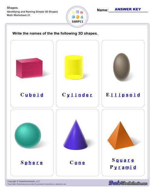 This page has dozens of printable shapes worksheets for identifying and naming 2D and 3D shapes. Activities for kindergarten and preschool age students include identifying counts of faces, edges and vertices. Students also learn to identify the shapes of real world objects, and practice worksheets include shape spelling and shape crossword puzzles.  Shapes Identifying And Naming Simple 3d Shapes V3