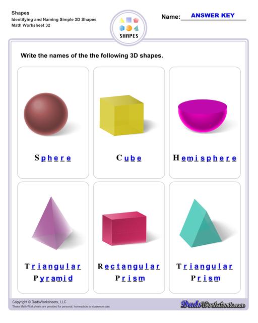 This page has dozens of printable shapes worksheets for identifying and naming 2D and 3D shapes. Activities for kindergarten and preschool age students include identifying counts of faces, edges and vertices. Students also learn to identify the shapes of real world objects, and practice worksheets include shape spelling and shape crossword puzzles.  Shapes Identifying And Naming Simple 3d Shapes V4