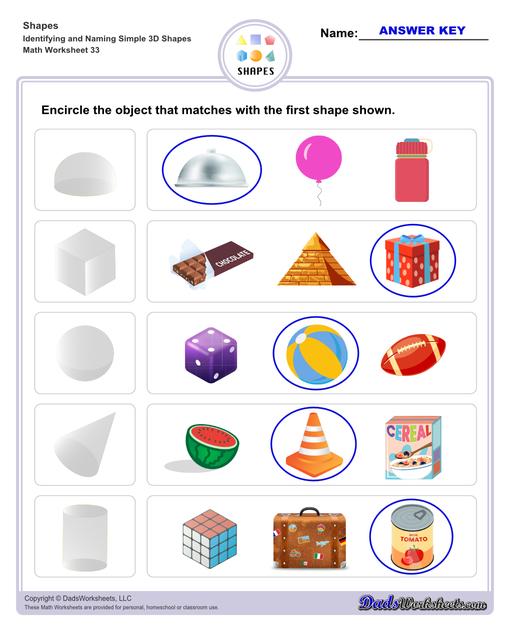 This page has dozens of printable shapes worksheets for identifying and naming 2D and 3D shapes. Activities for kindergarten and preschool age students include identifying counts of faces, edges and vertices. Students also learn to identify the shapes of real world objects, and practice worksheets include shape spelling and shape crossword puzzles.  Shapes Identifying And Naming Simple 3d Shapes V5
