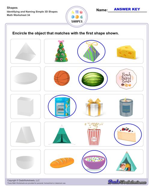 This page has dozens of printable shapes worksheets for identifying and naming 2D and 3D shapes. Activities for kindergarten and preschool age students include identifying counts of faces, edges and vertices. Students also learn to identify the shapes of real world objects, and practice worksheets include shape spelling and shape crossword puzzles.  Shapes Identifying And Naming Simple 3d Shapes V6