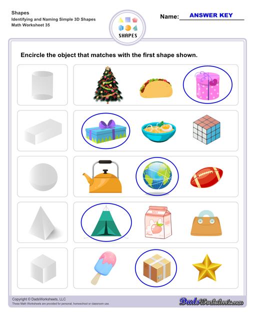 This page has dozens of printable shapes worksheets for identifying and naming 2D and 3D shapes. Activities for kindergarten and preschool age students include identifying counts of faces, edges and vertices. Students also learn to identify the shapes of real world objects, and practice worksheets include shape spelling and shape crossword puzzles.  Shapes Identifying And Naming Simple 3d Shapes V7