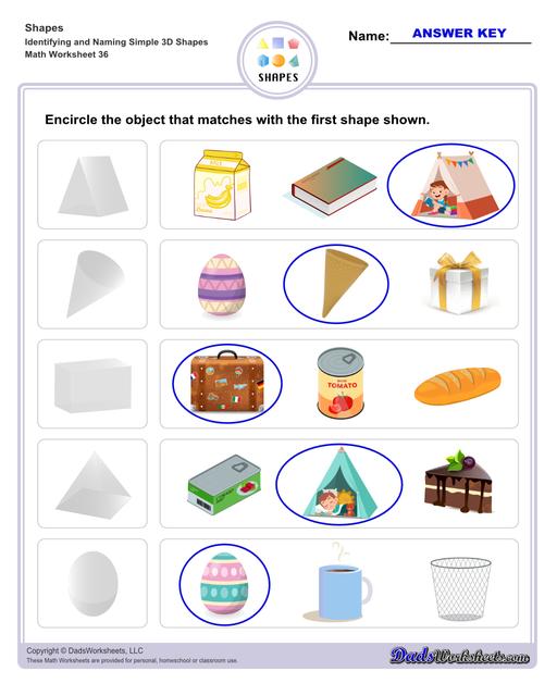 This page has dozens of printable shapes worksheets for identifying and naming 2D and 3D shapes. Activities for kindergarten and preschool age students include identifying counts of faces, edges and vertices. Students also learn to identify the shapes of real world objects, and practice worksheets include shape spelling and shape crossword puzzles.  Shapes Identifying And Naming Simple 3d Shapes V8