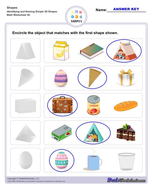 This page has dozens of printable shapes worksheets for identifying and naming 2D and 3D shapes. Activities for kindergarten and preschool age students include identifying counts of faces, edges and vertices. Students also learn to identify the shapes of real world objects, and practice worksheets include shape spelling and shape crossword puzzles.  Shapes Identifying And Naming Simple 3d Shapes V8