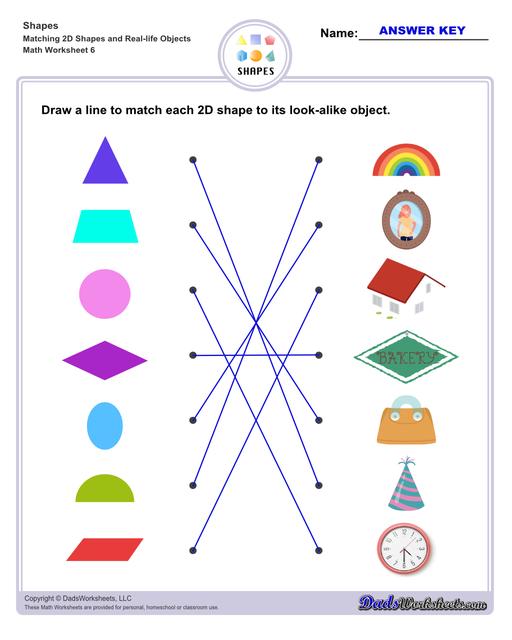 This page has dozens of printable shapes worksheets for identifying and naming 2D and 3D shapes. Activities for kindergarten and preschool age students include identifying counts of faces, edges and vertices. Students also learn to identify the shapes of real world objects, and practice worksheets include shape spelling and shape crossword puzzles.  Shapes Matching 2d Shapes And Real Life Objects V2