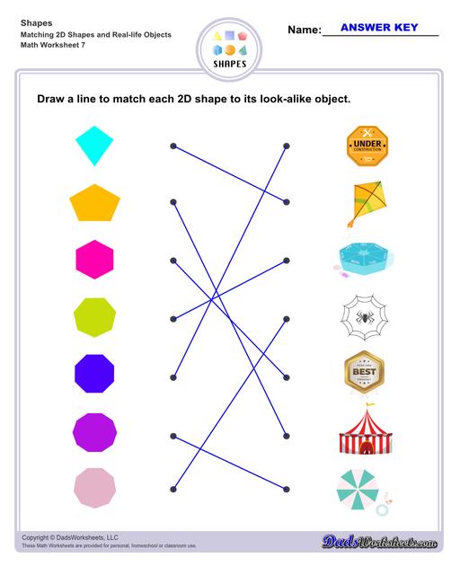 This page has dozens of printable shapes worksheets for identifying and naming 2D and 3D shapes. Activities for kindergarten and preschool age students include identifying counts of faces, edges and vertices. Students also learn to identify the shapes of real world objects, and practice worksheets include shape spelling and shape crossword puzzles.  Shapes Matching 2d Shapes And Real Life Objects V3